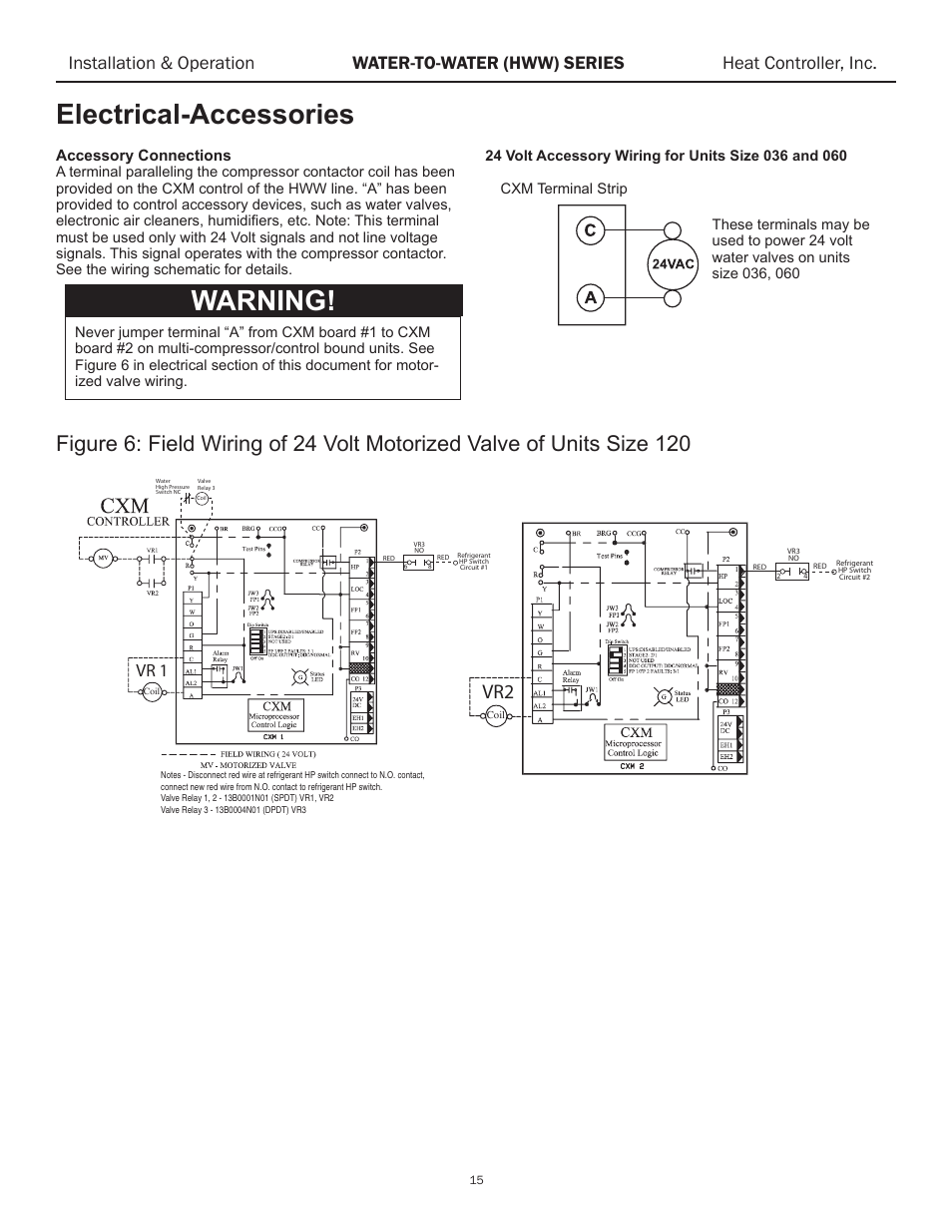 Electrical-accessories, Warning, Vr 1 vr2 | Accessory connections | Comfort-Aire HWW120 User Manual | Page 16 / 32