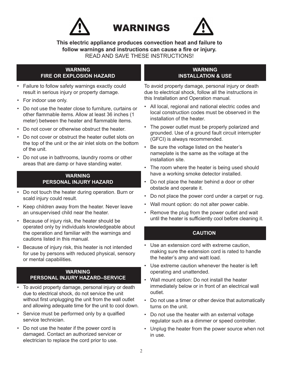 Warnings | Comfort-Aire IRGPH15B User Manual | Page 2 / 8