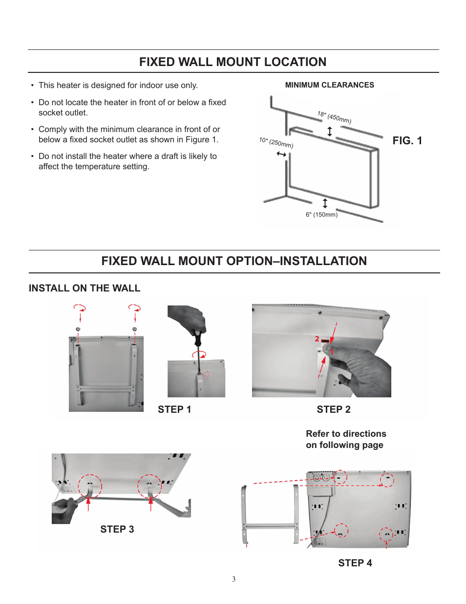 Fixed wall mount option–installation, Fixed wall mount location | Comfort-Aire IRGPH15B User Manual | Page 3 / 8