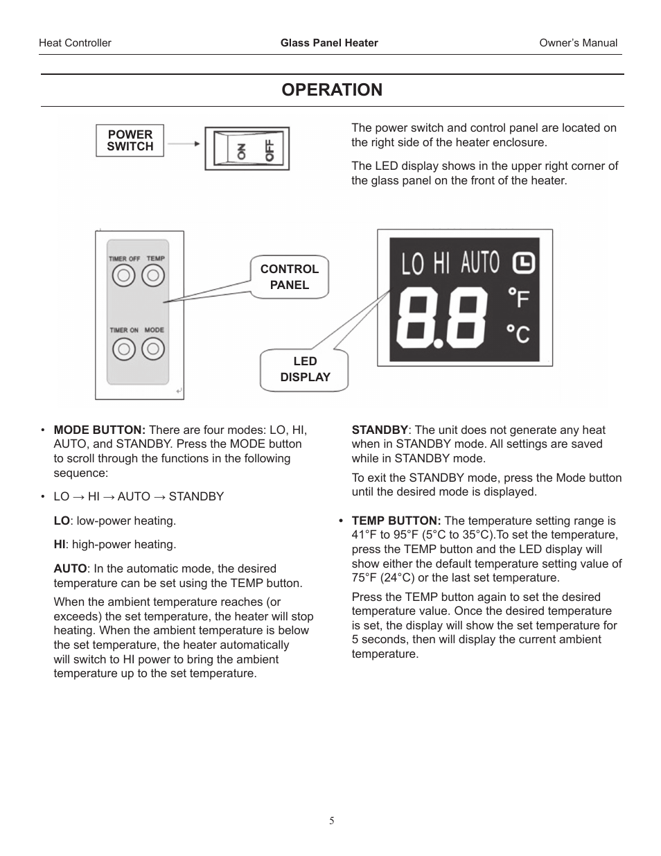 Operation | Comfort-Aire IRGPH15B User Manual | Page 5 / 8