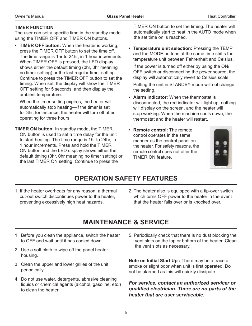 Maintenance & service, Operation safety features | Comfort-Aire IRGPH15B User Manual | Page 6 / 8