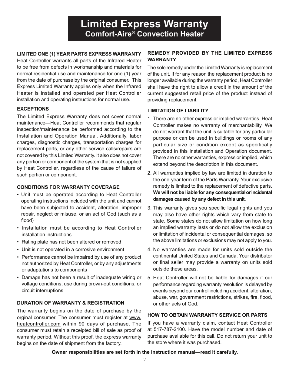 Limited express warranty, Comfort-aire, Convection heater | Comfort-Aire IRGPH15B User Manual | Page 7 / 8