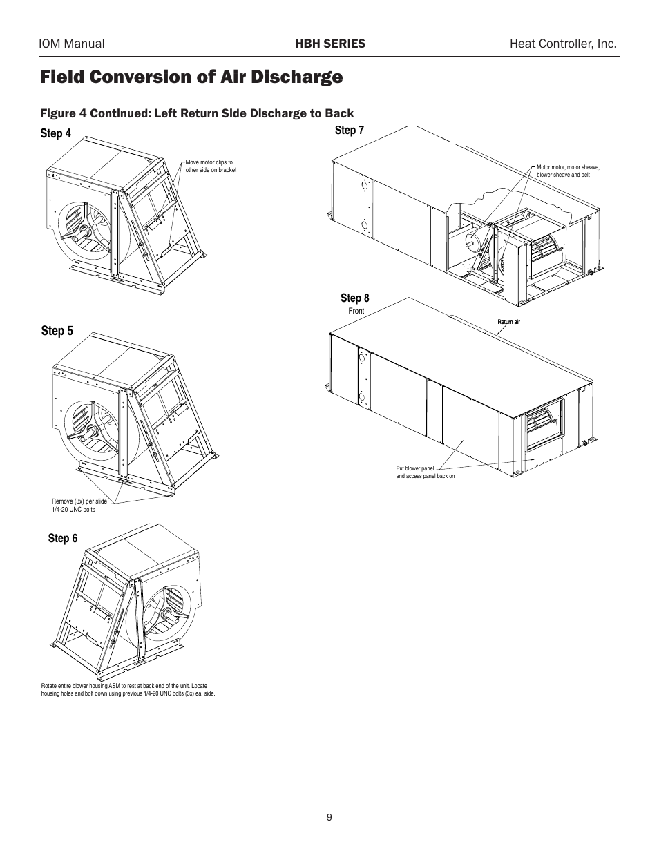 Field conversion of air discharge, Iom manual hbh series heat controller, inc, Step 1 step 2 step 3 step 4 | Step 5 step 6, Step 7 step 8 | Comfort-Aire HBH Series 6-10 Tons User Manual | Page 10 / 46