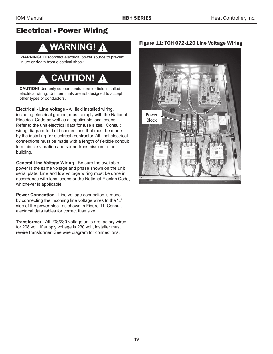 Caution, Warning, Electrical - power wiring | Caution! � � warning | Comfort-Aire HBH Series 6-10 Tons User Manual | Page 20 / 46