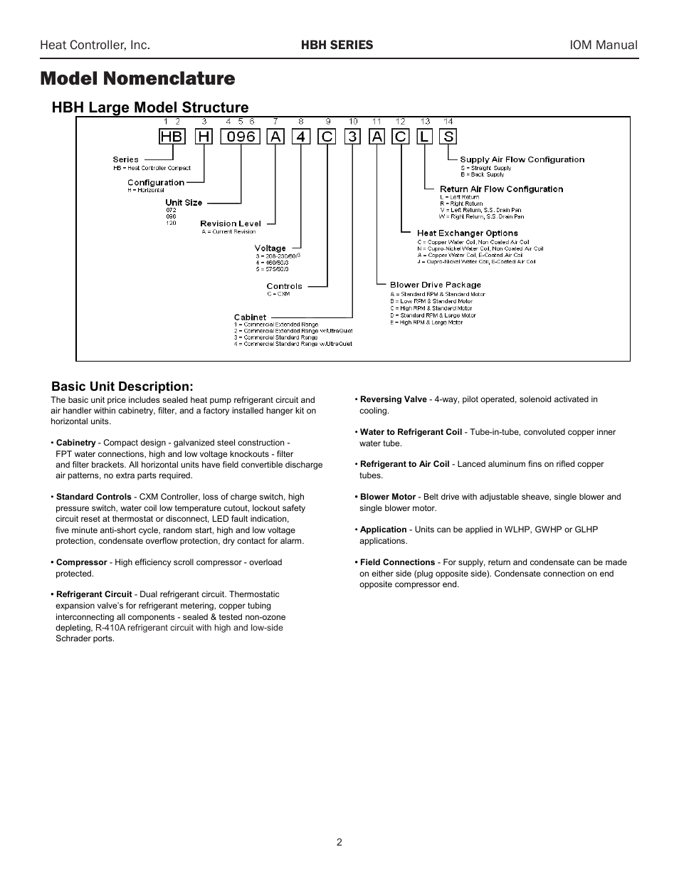Model nomenclature, Hbh large model structure, Heat controller, inc. hbh series iom manual | Basic unit description | Comfort-Aire HBH Series 6-10 Tons User Manual | Page 3 / 46