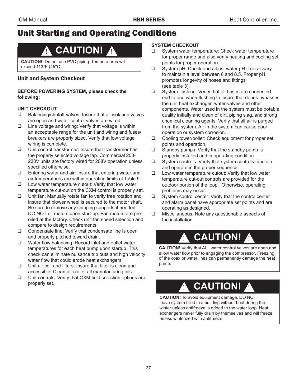 Unit starting and operating conditions, Caution! � � caution, Caution | Comfort-Aire HBH Series 6-10 Tons User Manual | Page 38 / 46