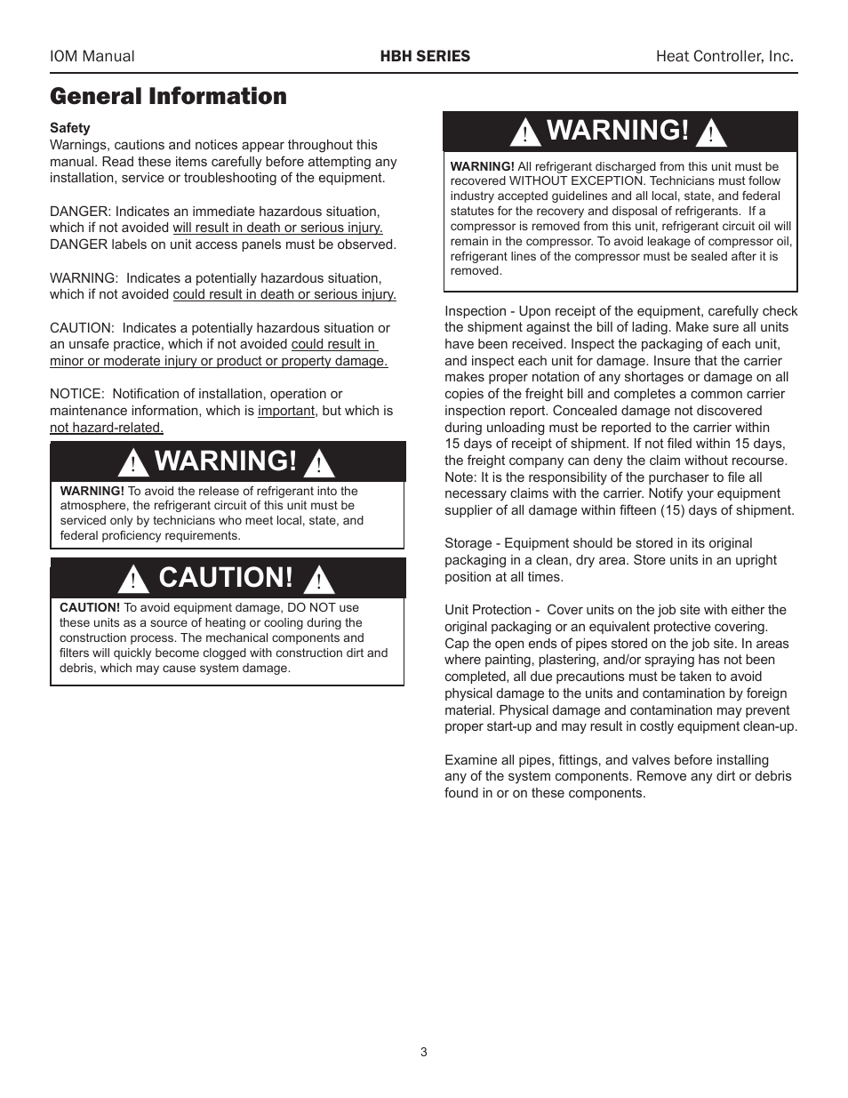Warning, Caution, General information | Warning! � � warning! � � caution | Comfort-Aire HBH Series 6-10 Tons User Manual | Page 4 / 46