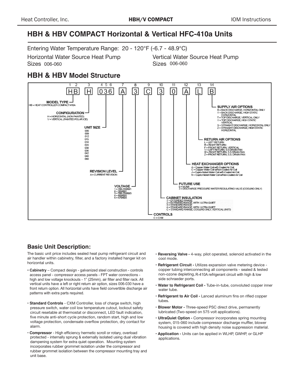 Hbh & hbv, Heat controller oem price list, Model structure | Basic unit description | Comfort-Aire HBH Series 1/2 to 5 Ton User Manual | Page 3 / 43