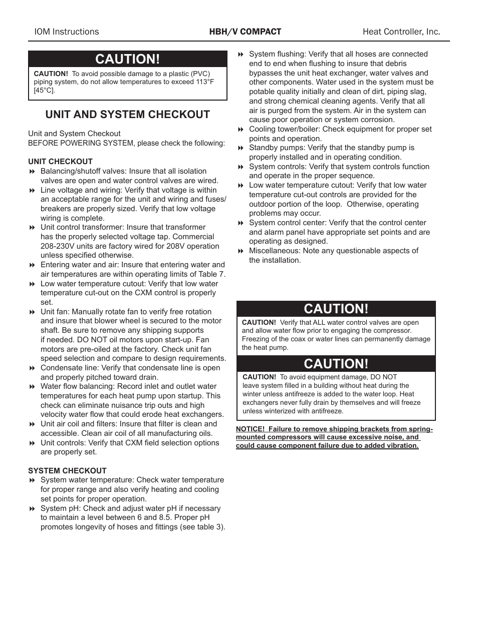 Caution, Unit and system checkout | Comfort-Aire HBH Series 1/2 to 5 Ton User Manual | Page 32 / 43