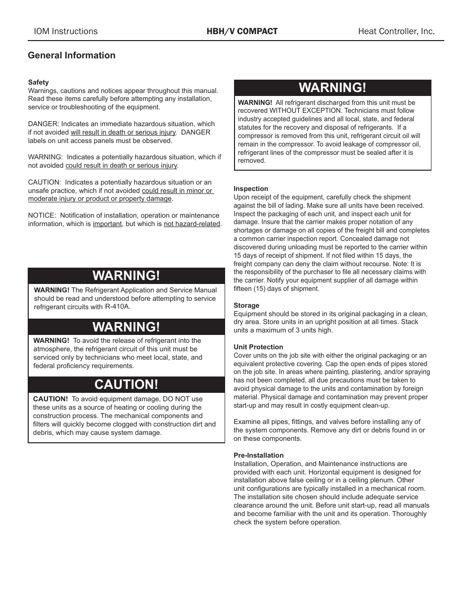 Warning, Warning! caution | Comfort-Aire HBH Series 1/2 to 5 Ton User Manual | Page 4 / 43