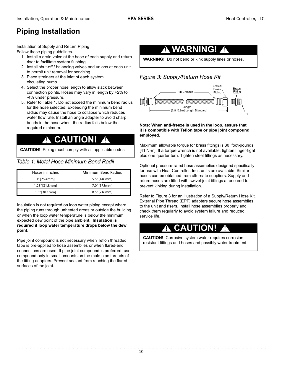 Caution, Warning, Piping installation | Comfort-Aire HKV300A User Manual | Page 11 / 64