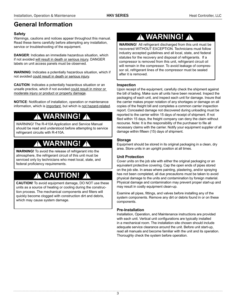 Caution, Warning, General information | Comfort-Aire HKV300A User Manual | Page 4 / 64