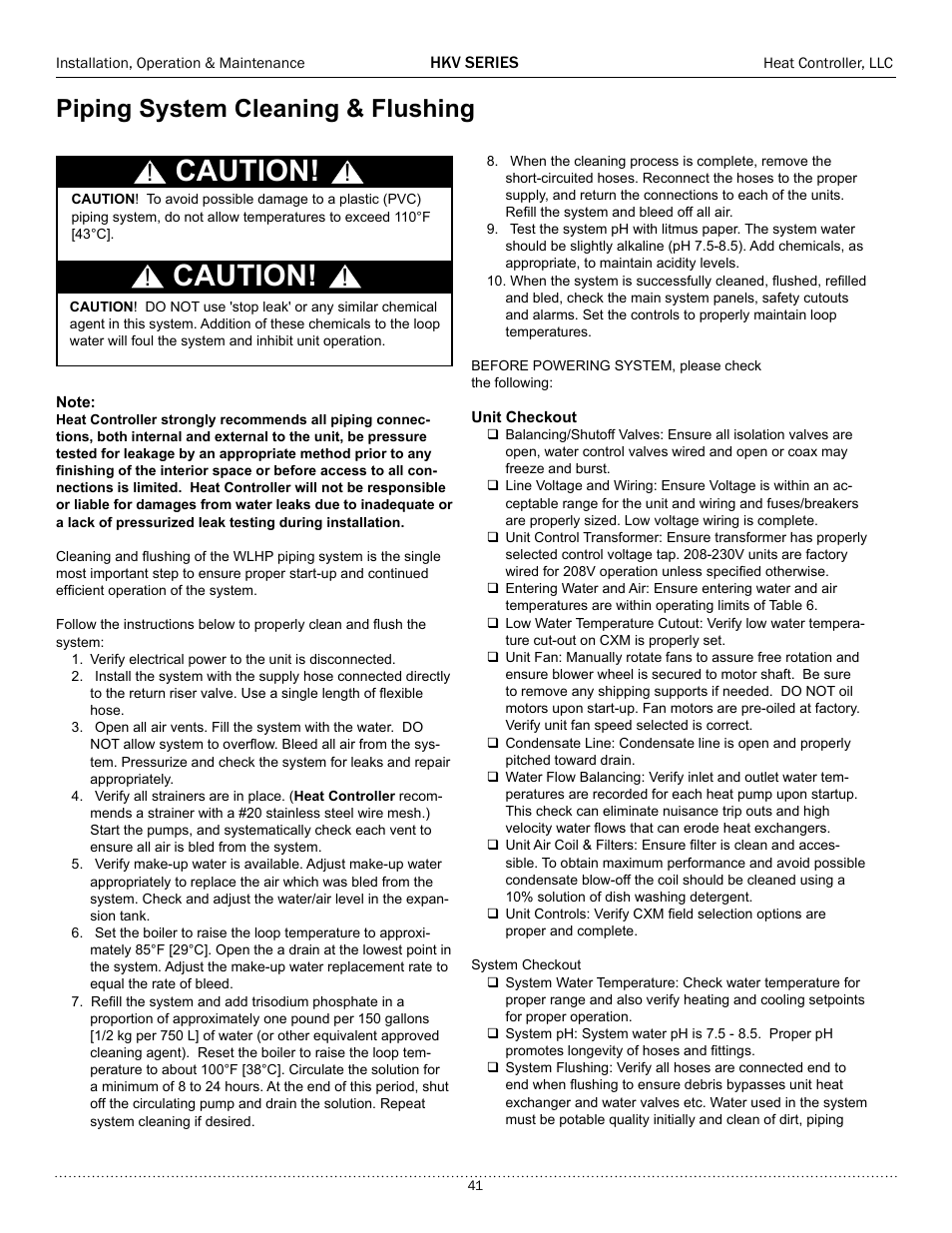 Caution, Piping system cleaning & flushing | Comfort-Aire HKV300A User Manual | Page 42 / 64