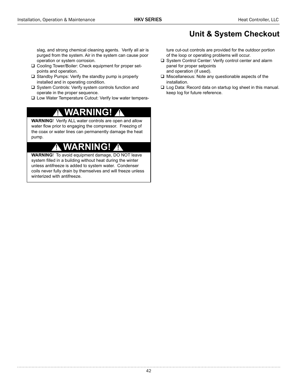 Warning, Unit & system checkout | Comfort-Aire HKV300A User Manual | Page 43 / 64