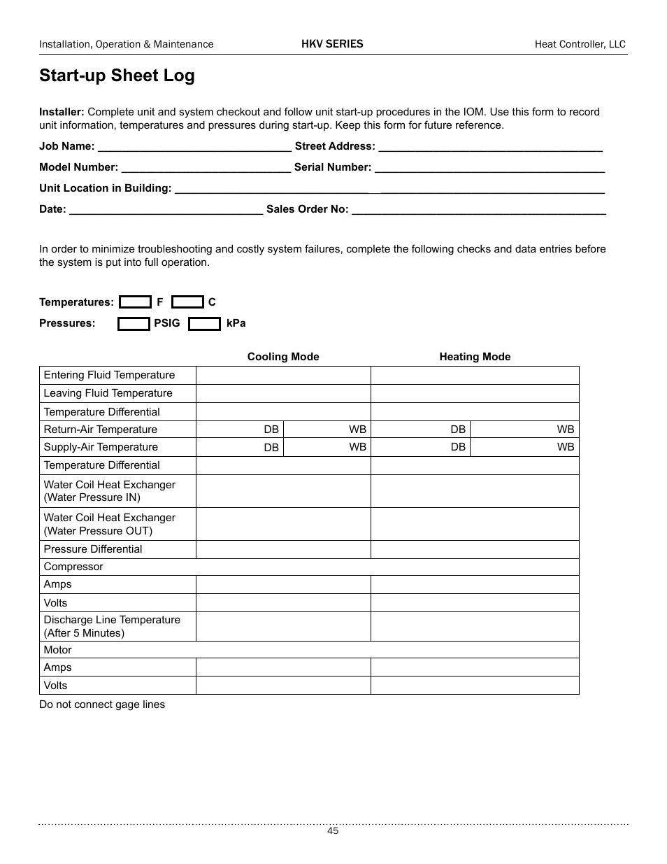 Start-up sheet log | Comfort-Aire HKV300A User Manual | Page 46 / 64