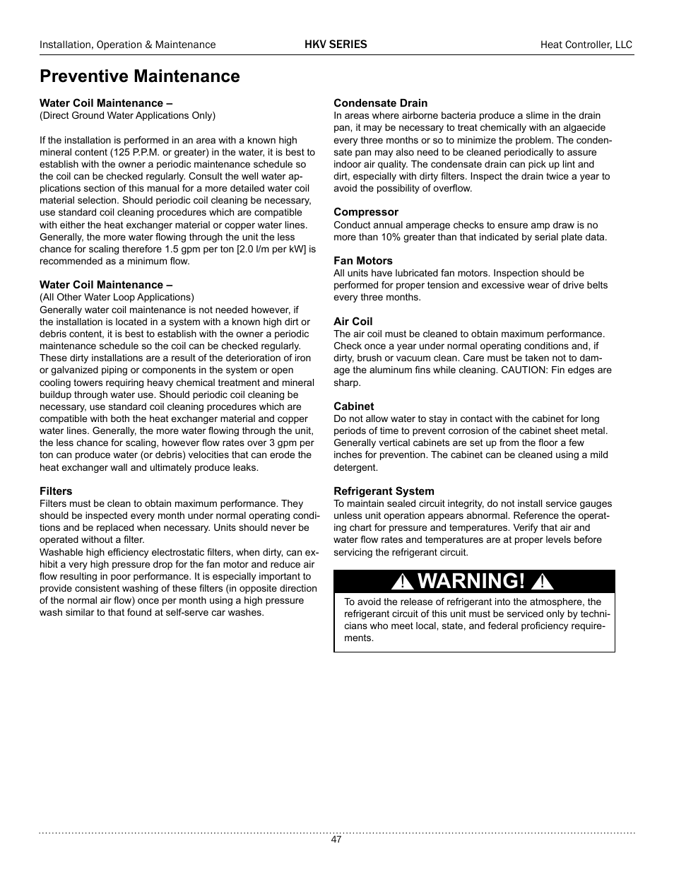 Warning, Preventive maintenance | Comfort-Aire HKV300A User Manual | Page 48 / 64