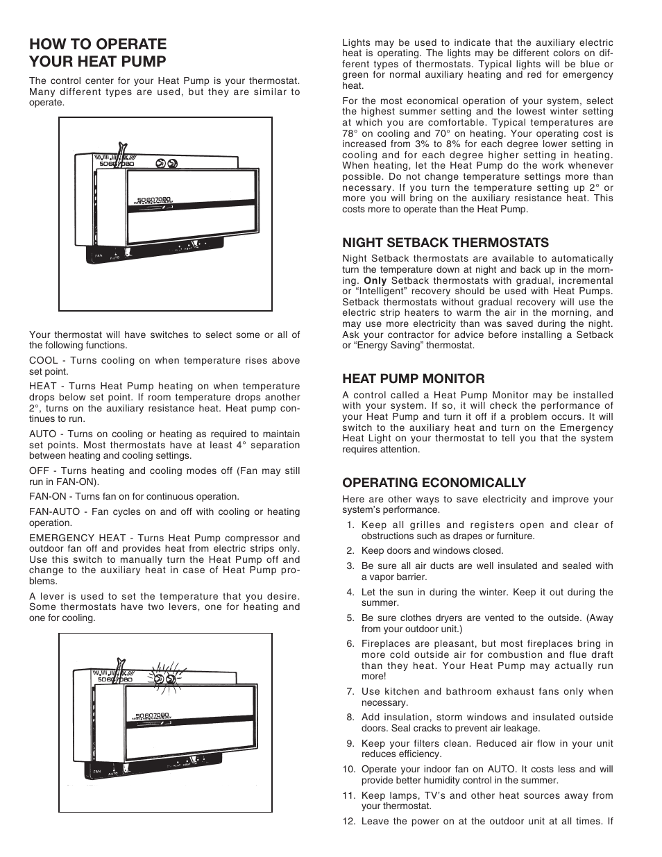 How to operate your heat pump, Night setback thermostats, Heat pump monitor | Operating economically | Comfort-Aire HRG13 Series for R-410A User Manual | Page 2 / 4