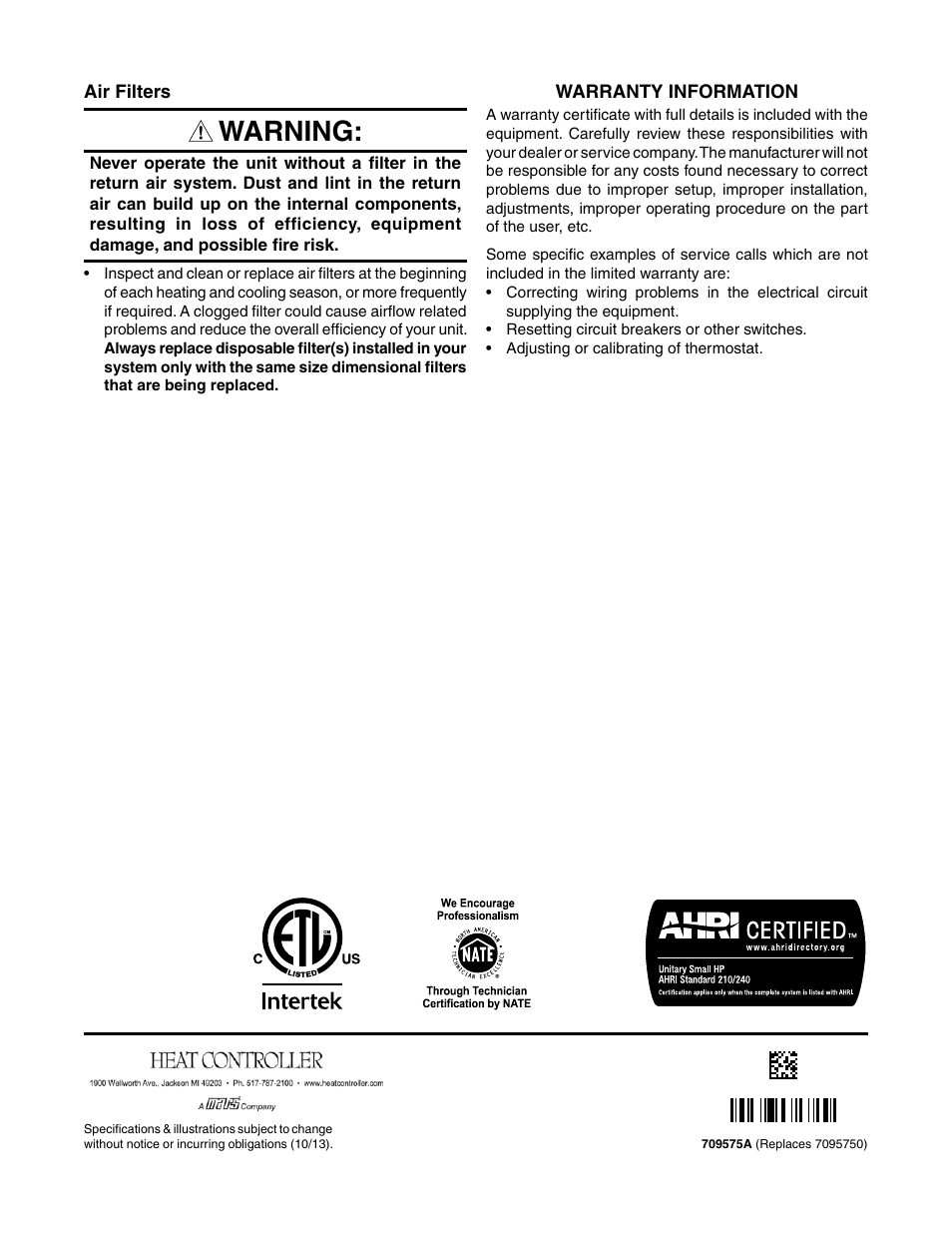 Warning | Comfort-Aire HRG13 Series for R-410 User Manual | Page 4 / 4