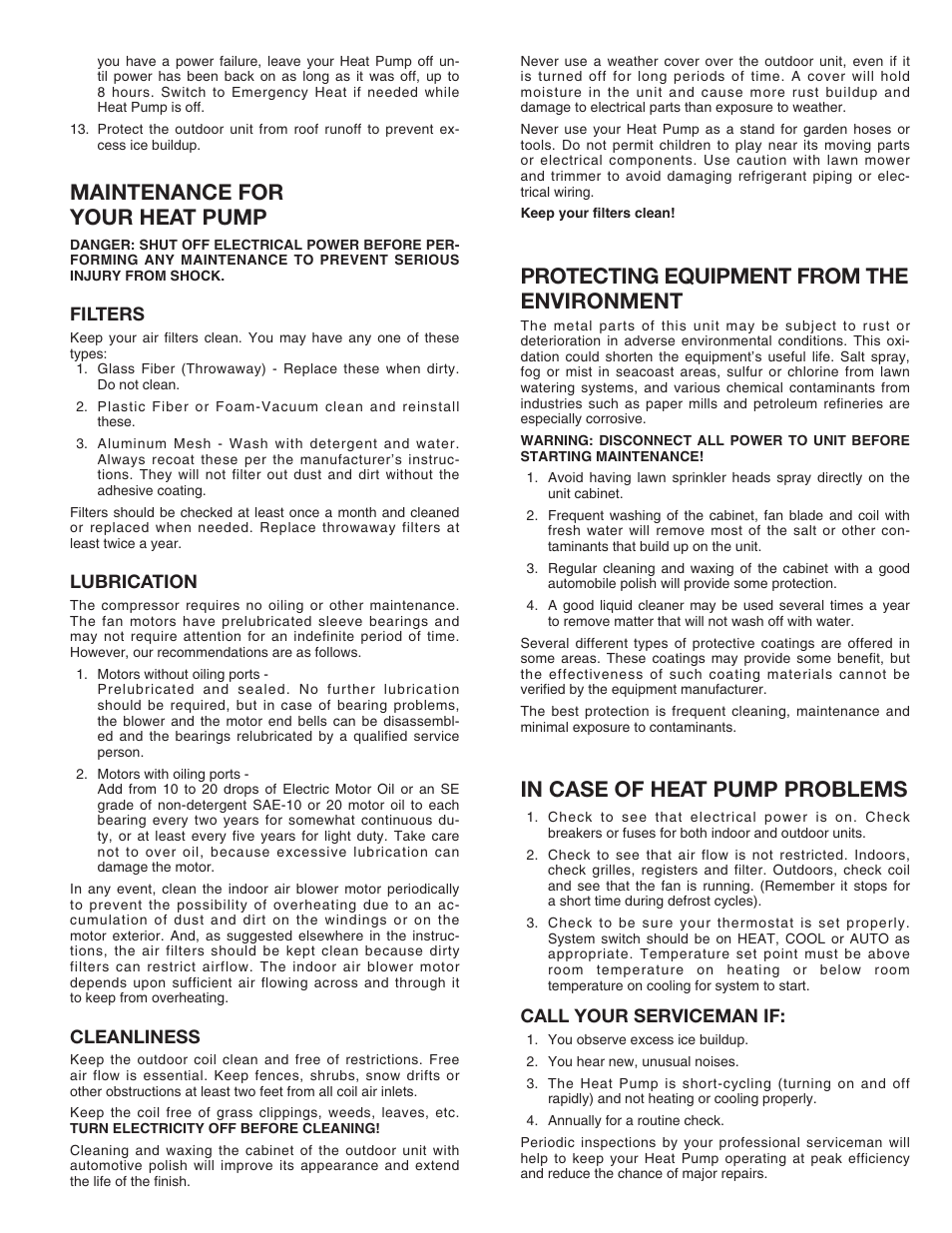 Maintenance for your heat pump, Protecting equipment from the environment | Comfort-Aire HRG14 Series User Manual | Page 3 / 4
