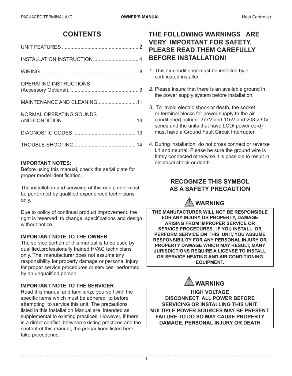 Comfort-Aire PTHP15A130A User Manual | Page 2 / 16