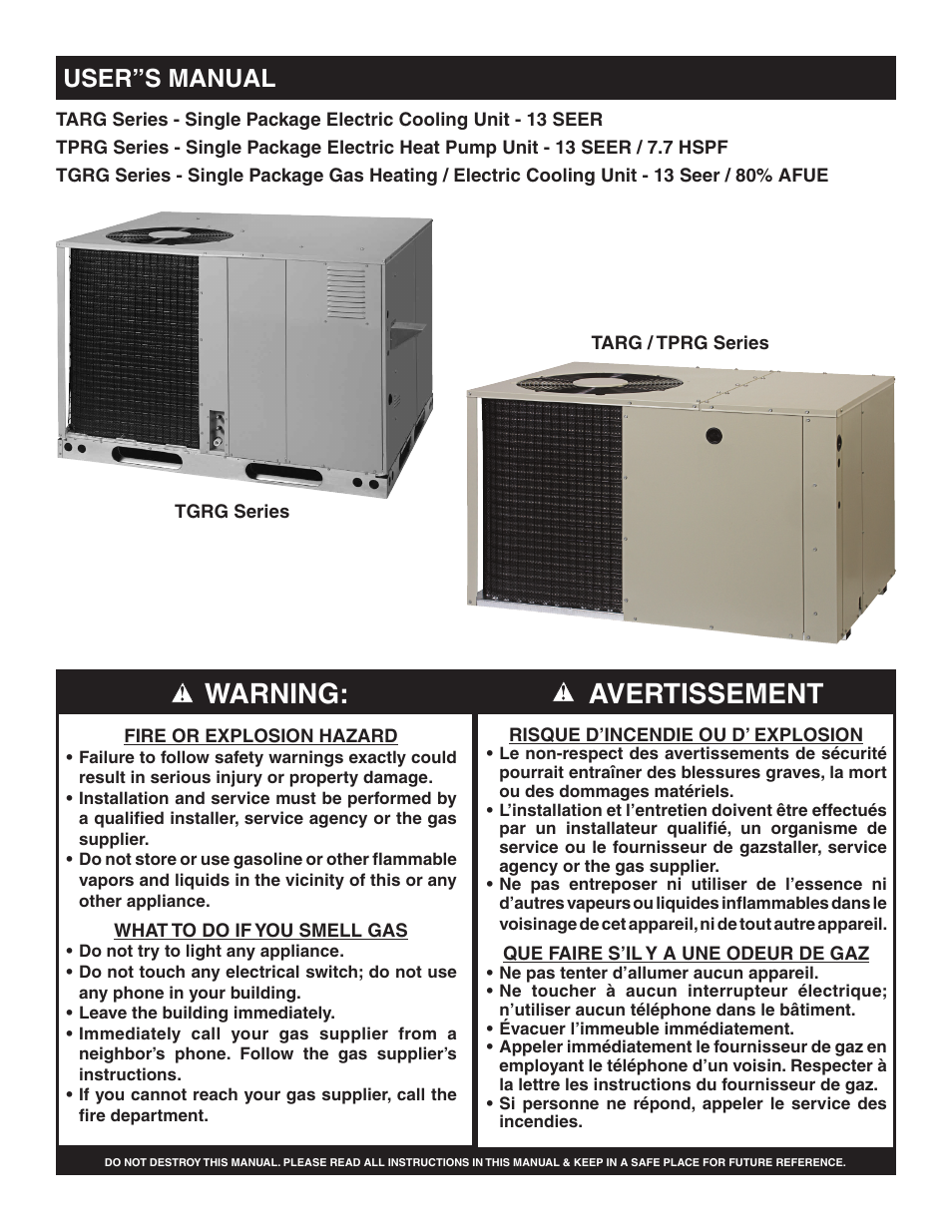 Comfort-Aire TPRG Series User Manual | 8 pages