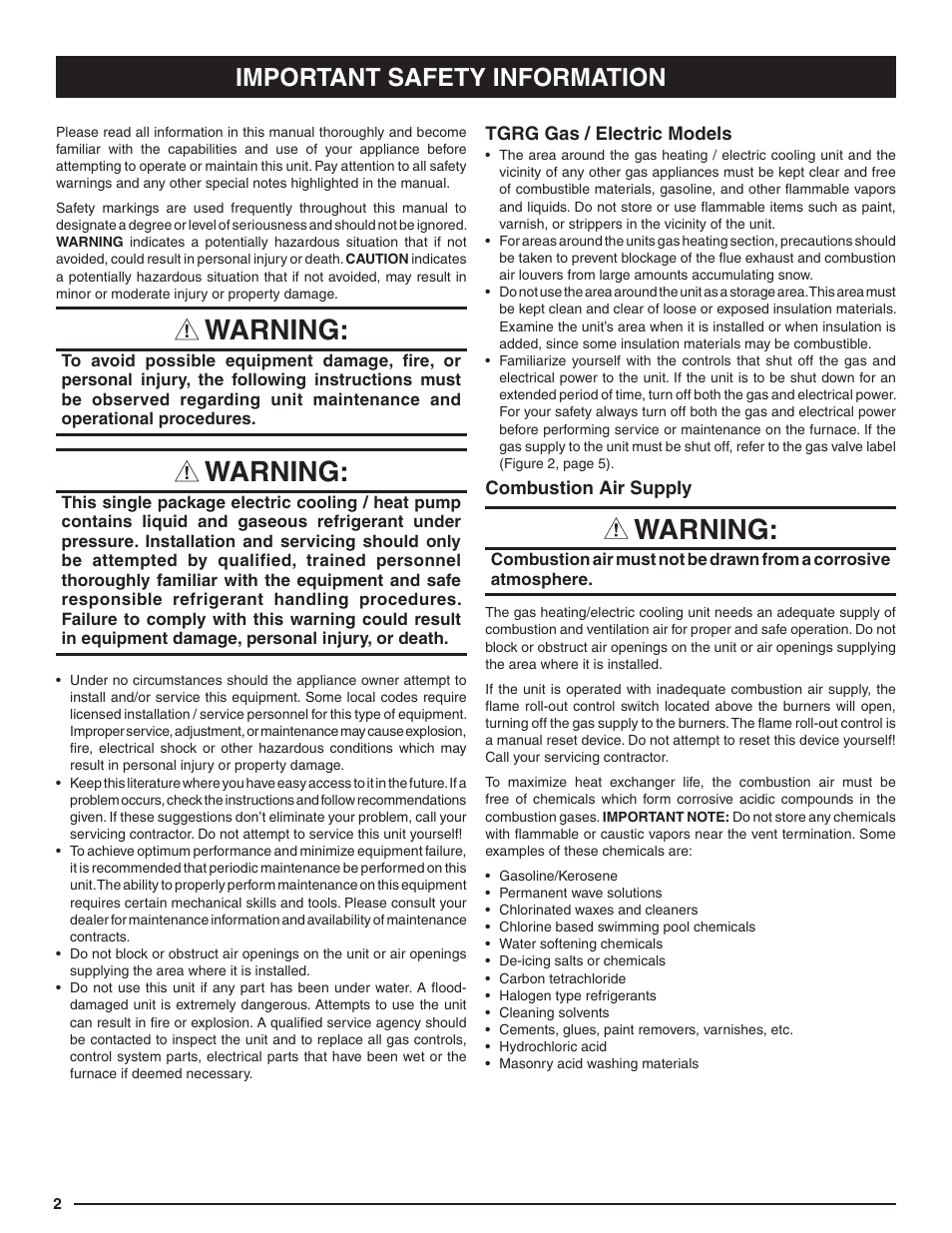 Warning, Important safety information | Comfort-Aire TPRG Series User Manual | Page 2 / 8