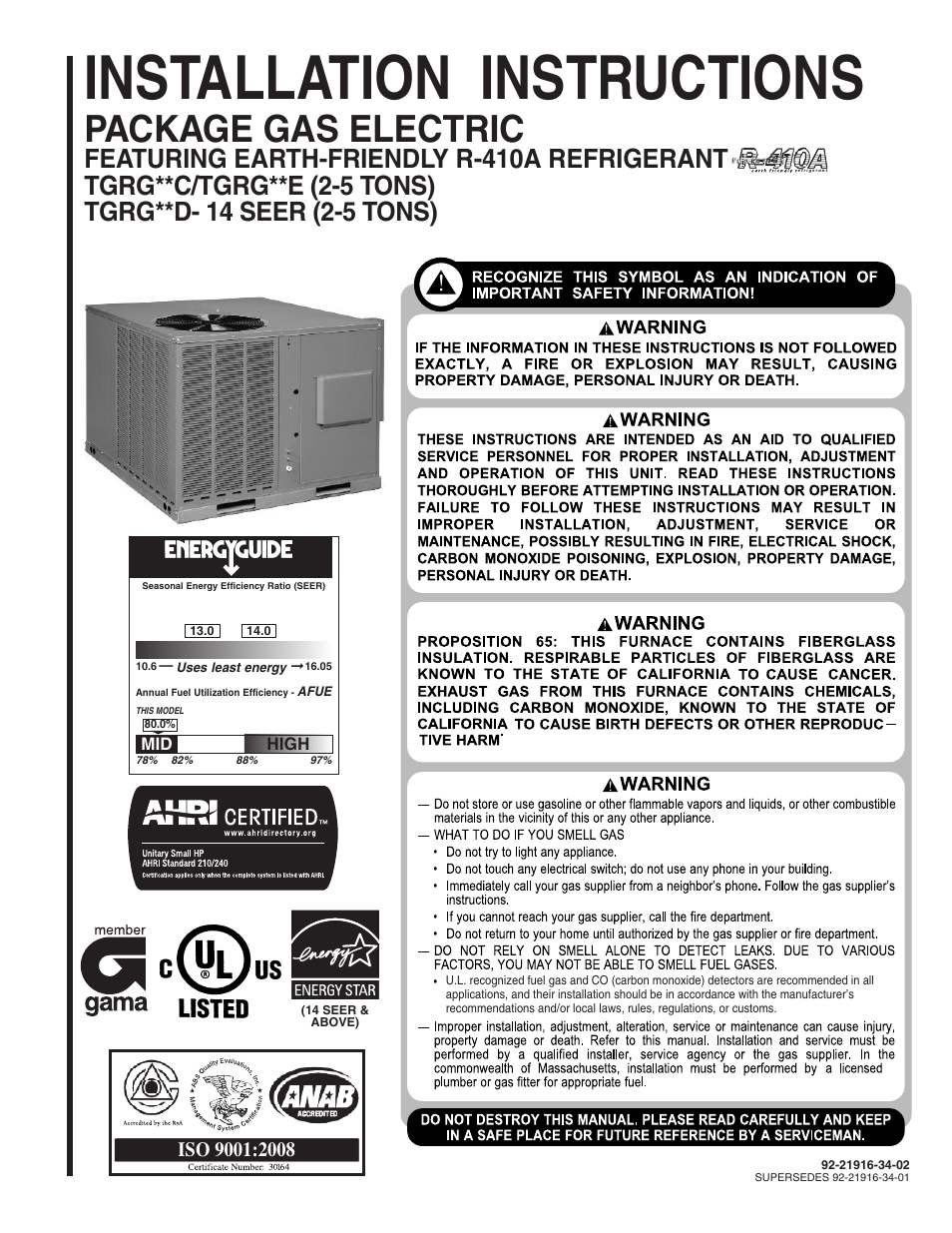 Comfort-Aire TGRG Series for R-410A User Manual | 64 pages