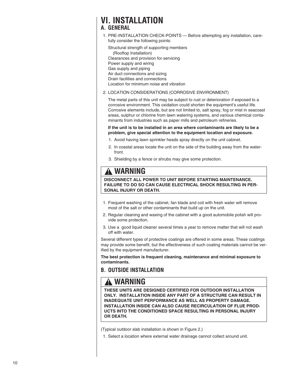 Vi. installation, Warning | Comfort-Aire TGRG Series for R-410A User Manual | Page 10 / 64