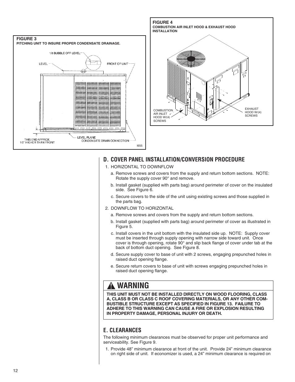 Warning, D. cover panel installation/conversion procedure, E. clearances | Comfort-Aire TGRG Series for R-410A User Manual | Page 12 / 64