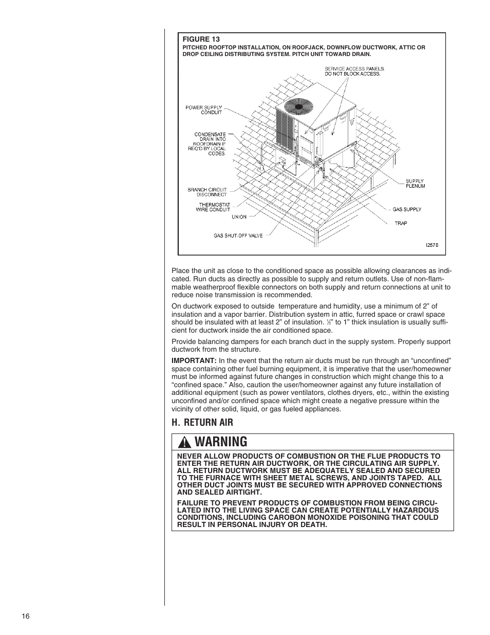 Warning, H. return air | Comfort-Aire TGRG Series for R-410A User Manual | Page 16 / 64