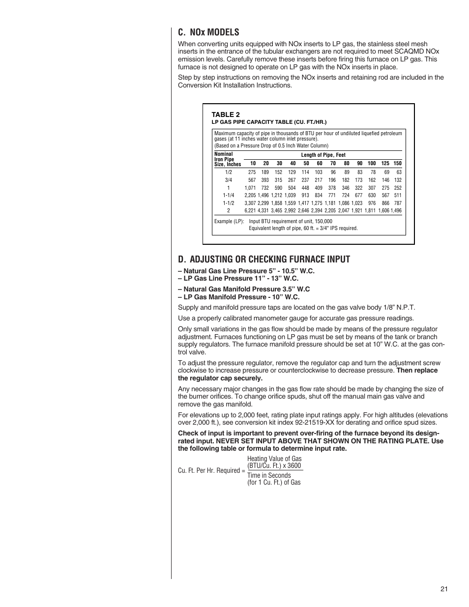 C. nox models, D. adjusting or checking furnace input | Comfort-Aire TGRG Series for R-410A User Manual | Page 21 / 64