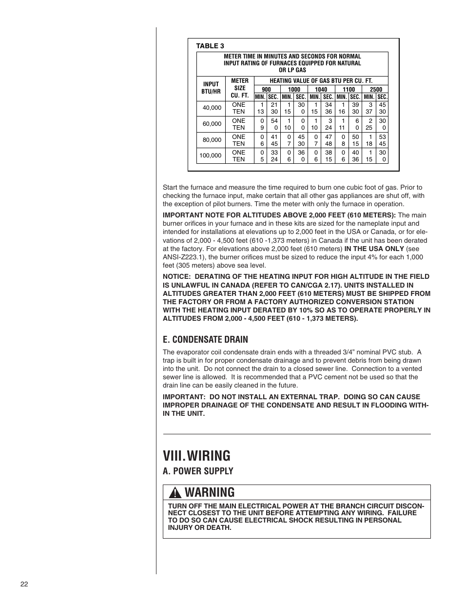 Viii.wiring, Warning, E. condensate drain | A. power supply | Comfort-Aire TGRG Series for R-410A User Manual | Page 22 / 64