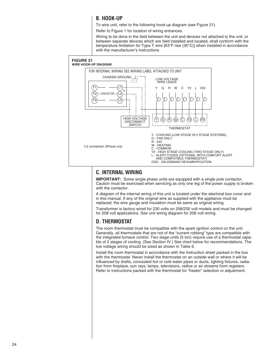 B. hook-up, C. internal wiring, D. thermostat | Comfort-Aire TGRG Series for R-410A User Manual | Page 24 / 64