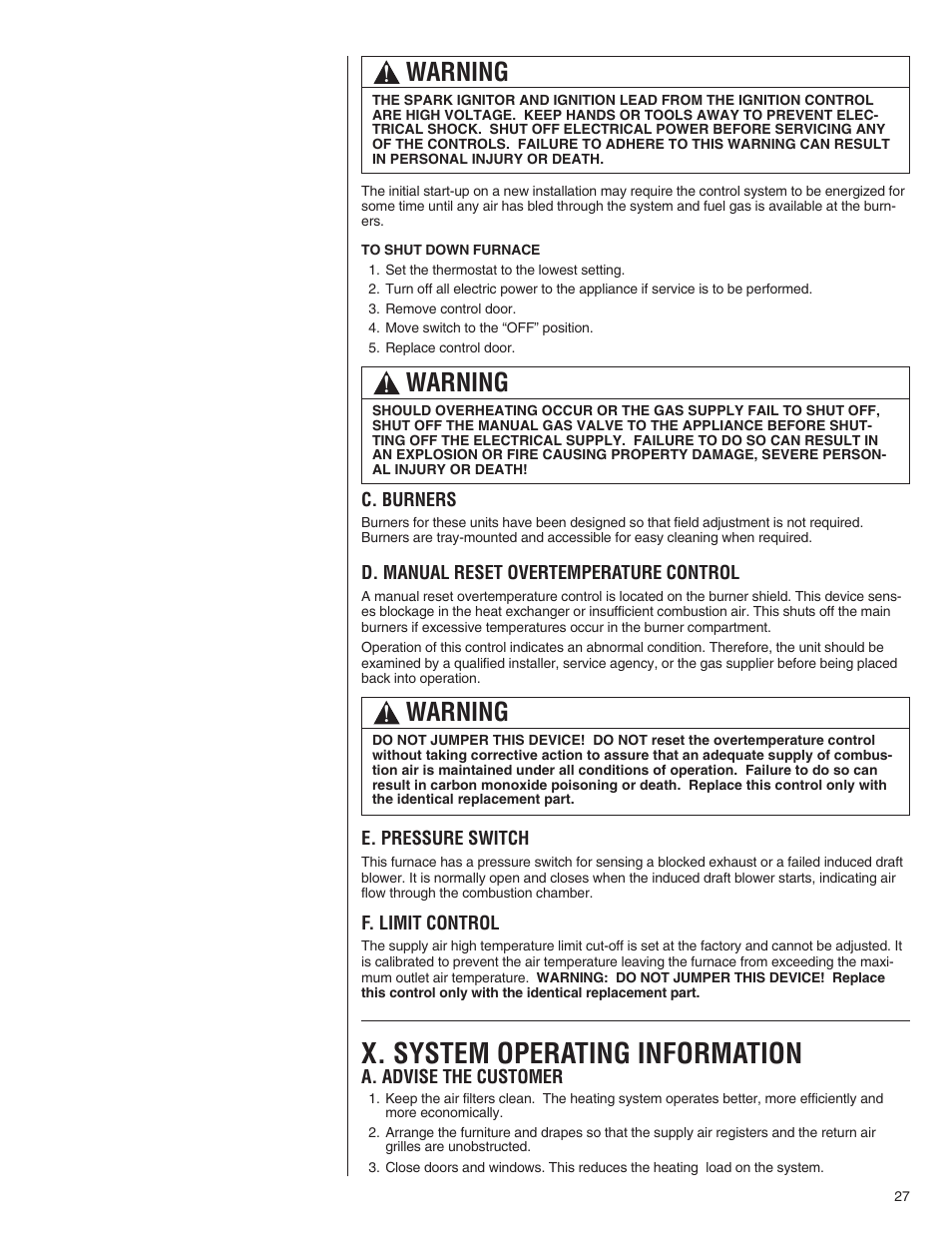 X. system operating information, Warning | Comfort-Aire TGRG Series for R-410A User Manual | Page 27 / 64