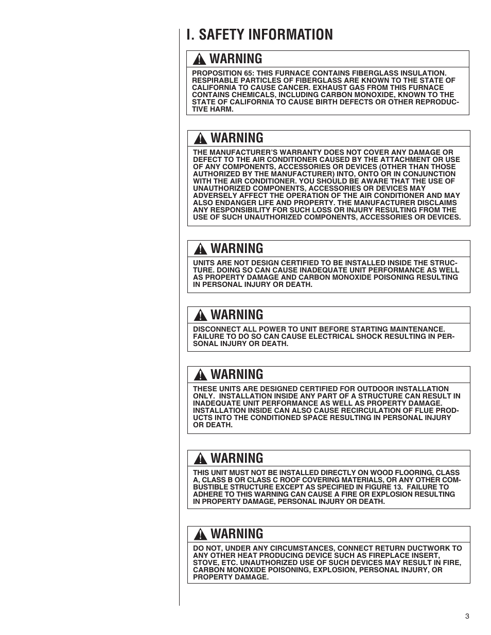 I. safety information, Warning | Comfort-Aire TGRG Series for R-410A User Manual | Page 3 / 64