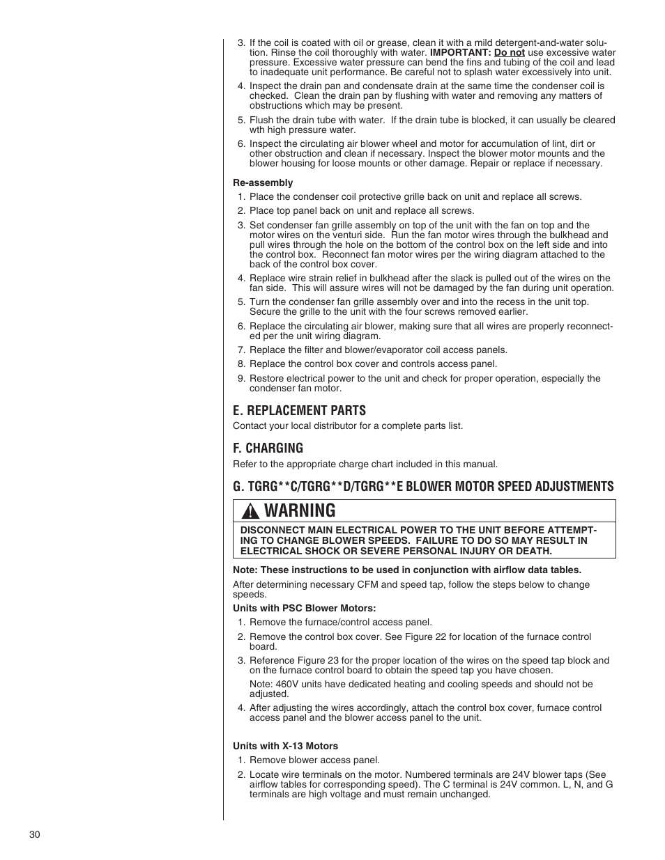 Warning | Comfort-Aire TGRG Series for R-410A User Manual | Page 30 / 64