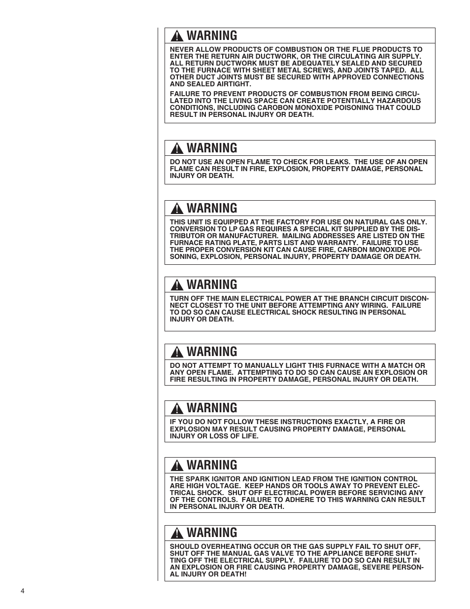 Warning | Comfort-Aire TGRG Series for R-410A User Manual | Page 4 / 64