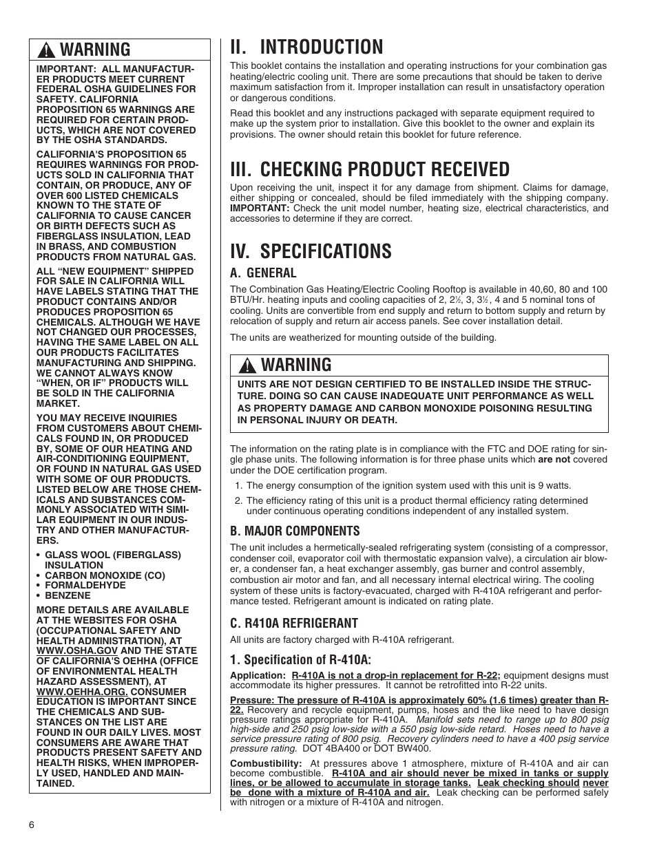 Ii. introduction, Iii. checking product received, Iv. specifications | Warning | Comfort-Aire TGRG Series for R-410A User Manual | Page 6 / 64