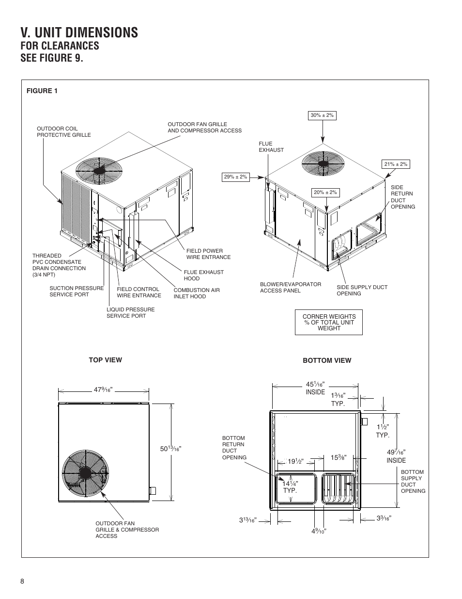 V. unit dimensions, For clearances see figure 9 | Comfort-Aire TGRG Series for R-410A User Manual | Page 8 / 64