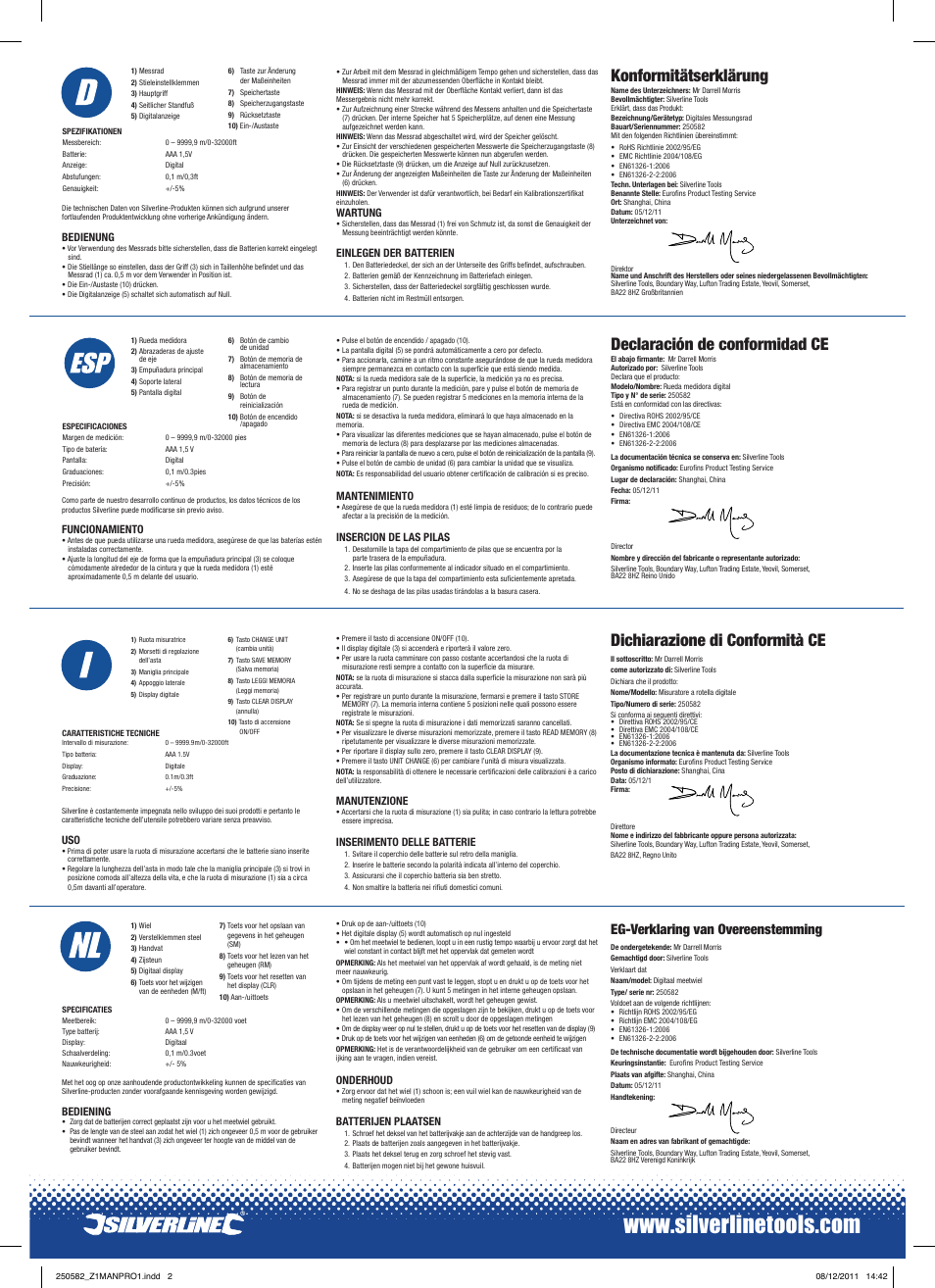 Konformitätserklärung, Declaración de conformidad ce, Dichiarazione di conformità ce | Eg-verklaring van overeenstemming | Silverline Digital Measuring Wheel User Manual | Page 2 / 2