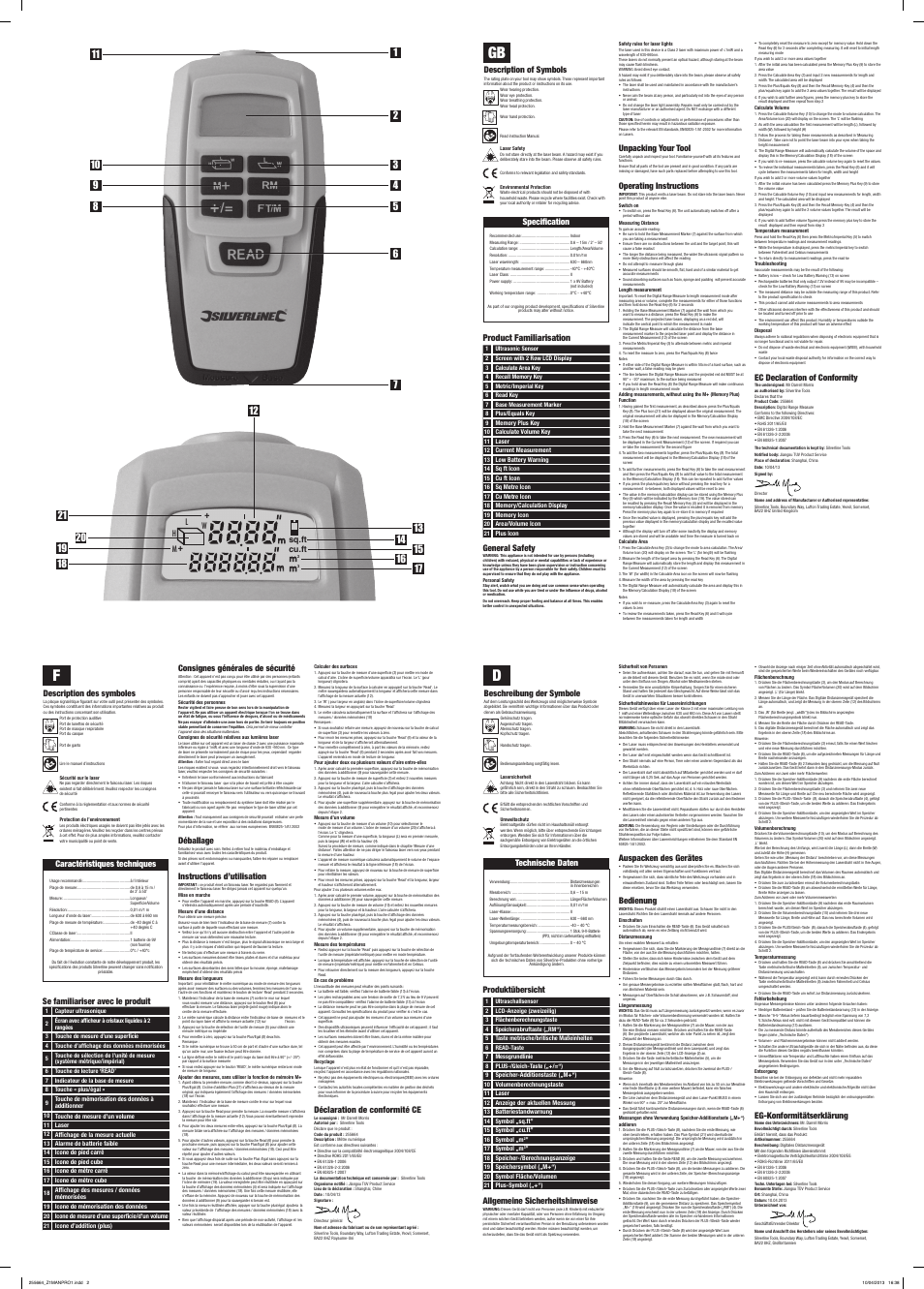 Mm m m, Consignes générales de sécurité, Déballage | Instructions d’utilisation, Déclaration de conformité ce, Description des symboles, General safety, Unpacking your tool, Operating instructions, Ec declaration of conformity | Silverline Digital Range Measure User Manual | Page 2 / 2