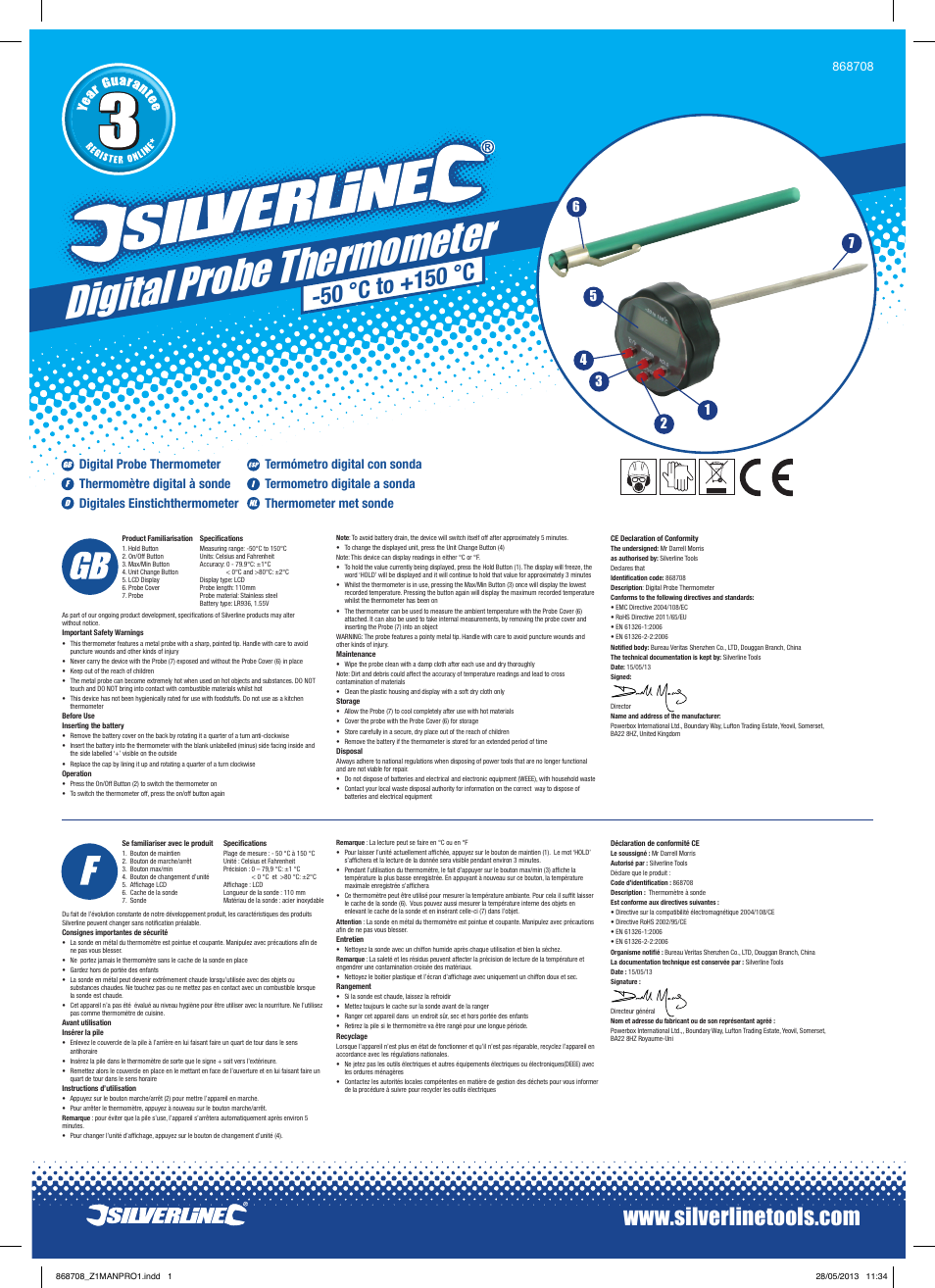 Silverline Digital Probe Thermometer User Manual | 2 pages