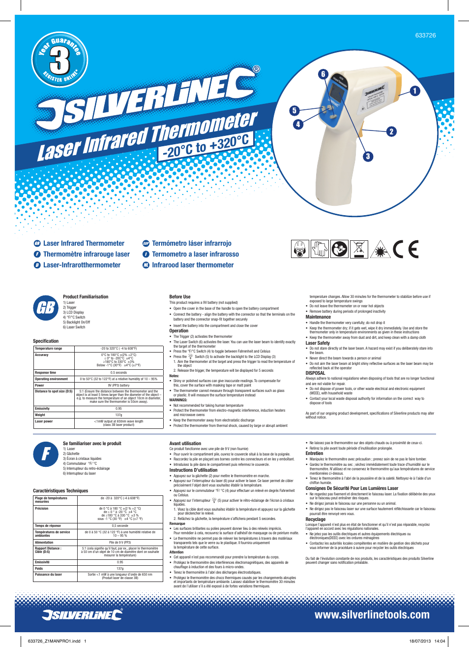 Silverline Laser Infrared Thermometer User Manual | 2 pages