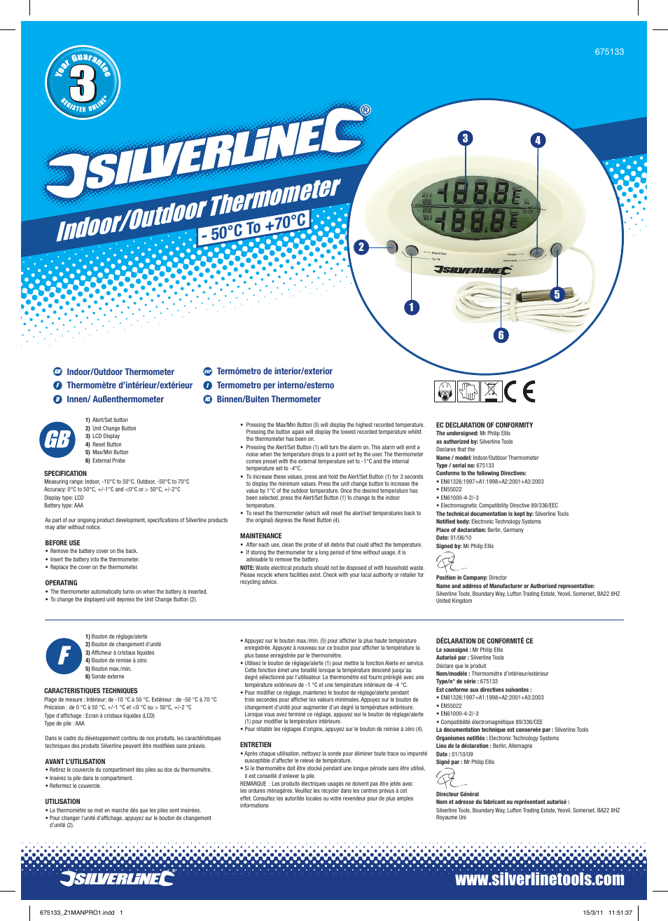 Silverline Indoor/Outdoor Thermometer User Manual | 2 pages