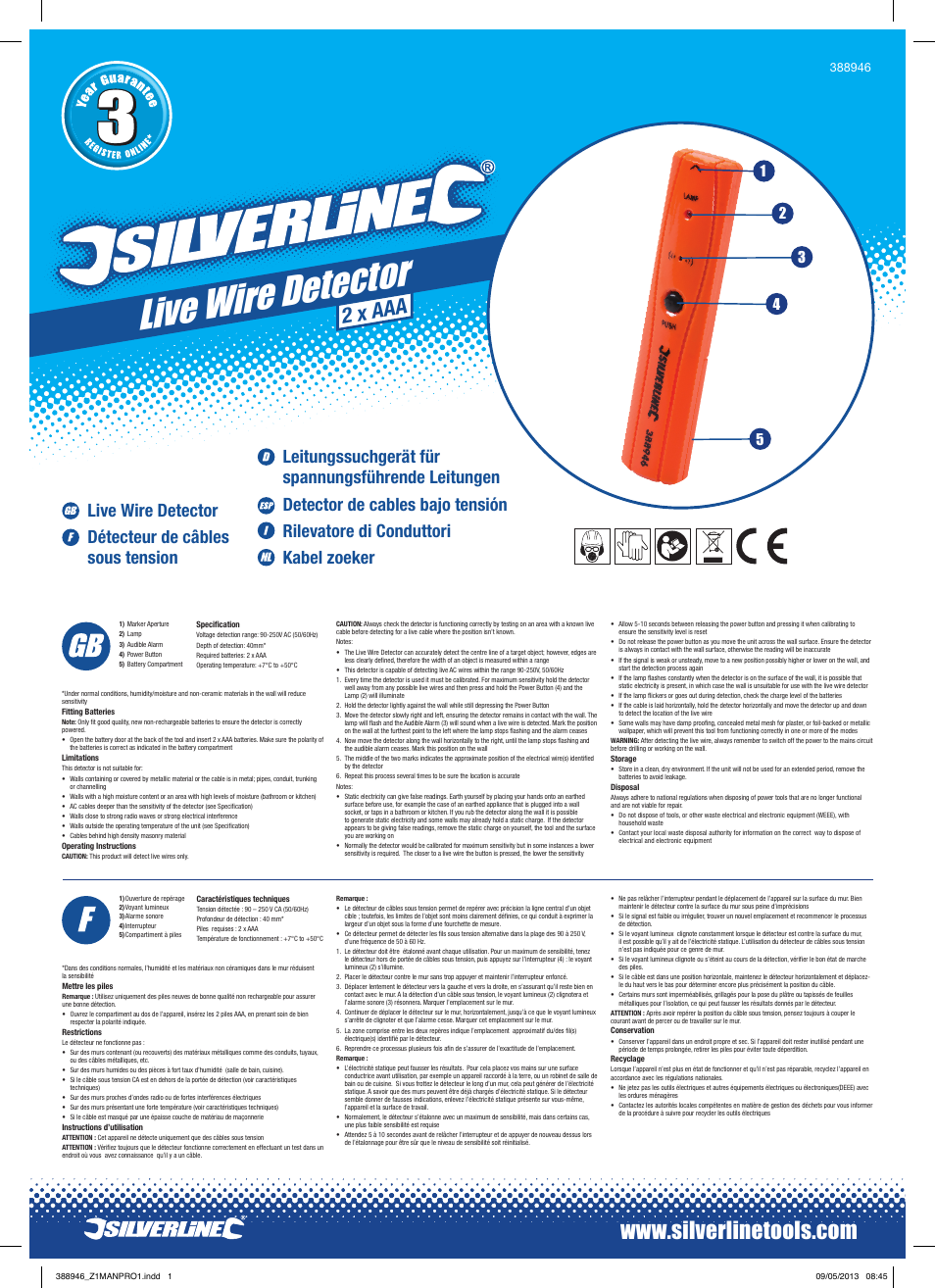 Silverline Live Wire Detector User Manual | 2 pages