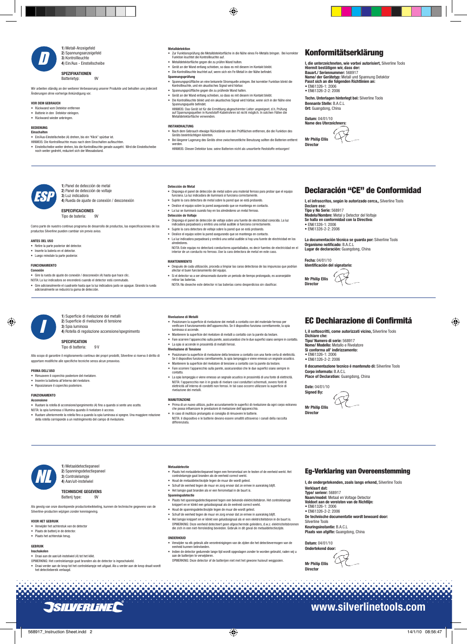 Nl i f, Nl i, Konformitätserklärung | Declaración “ce” de conformidad, Ec dechiarazione di confirmitá | Silverline Metal & Voltage Detector User Manual | Page 2 / 2