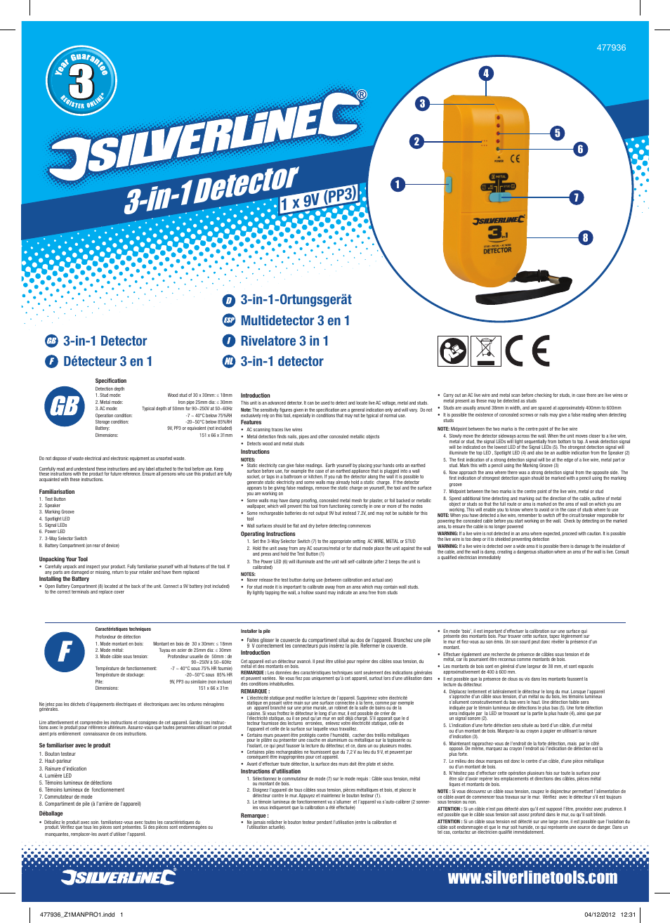 Silverline 3-in-1 Detector Compact User Manual | 2 pages