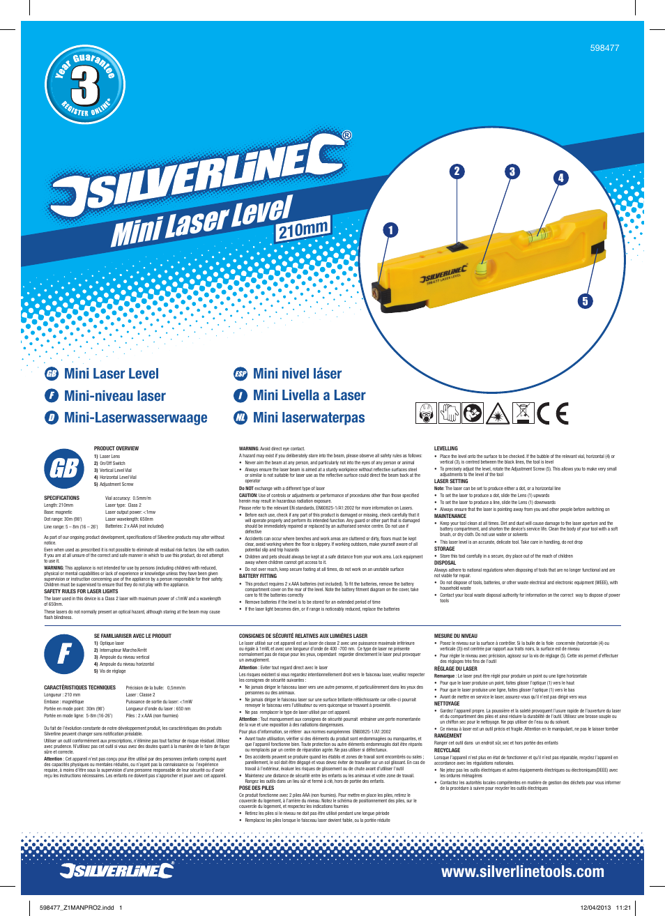 Silverline Mini Laser Level User Manual | 2 pages