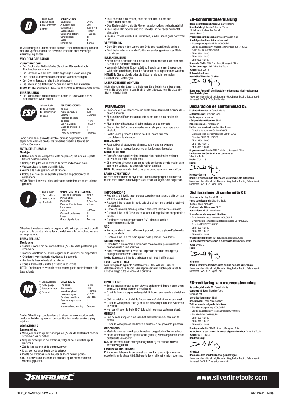 Eu-konformitätserklärung, Declaración de conformidad ce, Dichiarazione di conformità ce | Eg-verklaring van overeenstemming | Silverline Laser Level Kit User Manual | Page 2 / 2