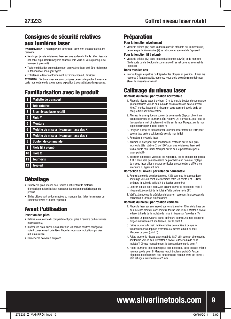 Calibrage du niveau laser, Consignes de sécurité relatives aux lumières laser, Déballage | Avant l’utilisation, Familiarisation avec le produit | Silverline Rotary Laser Level Kit User Manual | Page 10 / 28